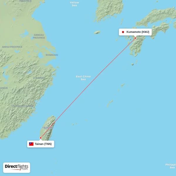Kumamoto - Tainan direct flight map