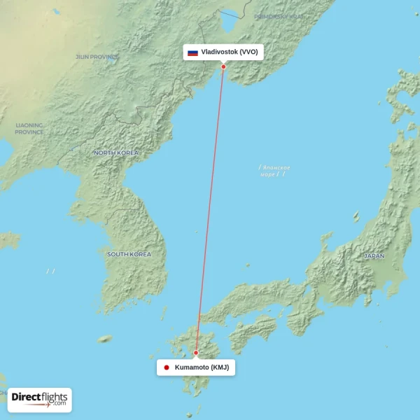 Kumamoto - Vladivostok direct flight map