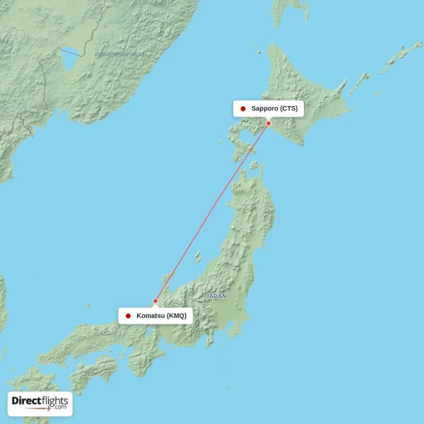 Komatsu - Sapporo direct flight map