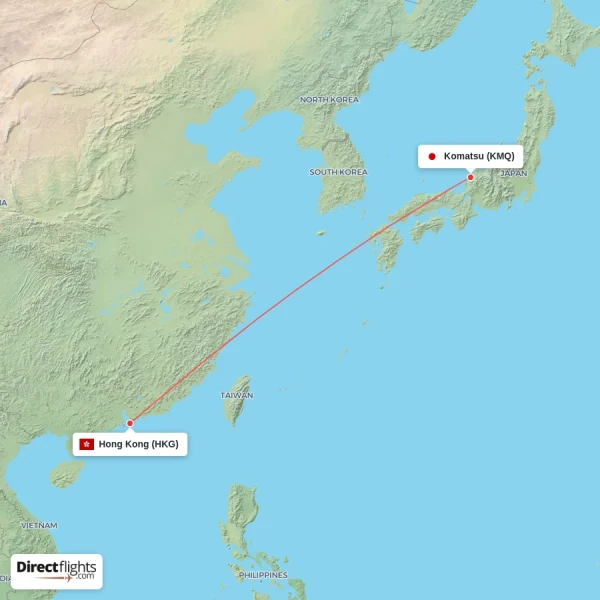 Komatsu - Hong Kong direct flight map