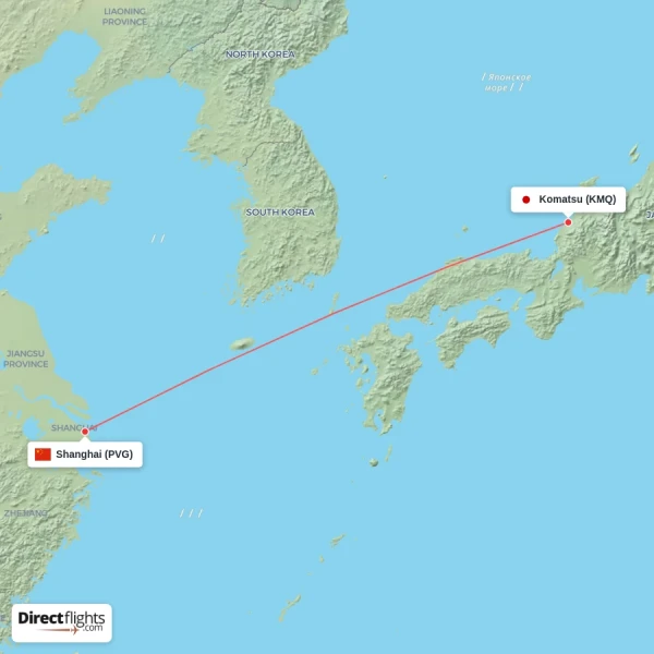Komatsu - Shanghai direct flight map