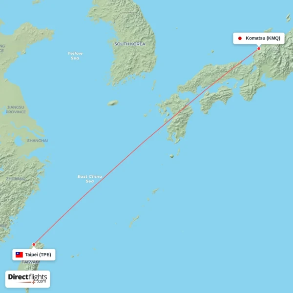 Komatsu - Taipei direct flight map
