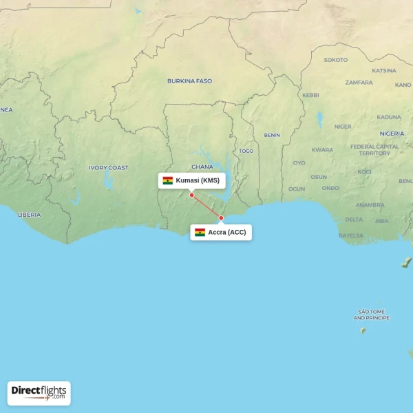 Kumasi - Accra direct flight map