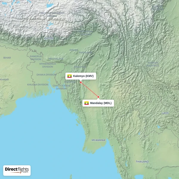 Kalemyo - Mandalay direct flight map