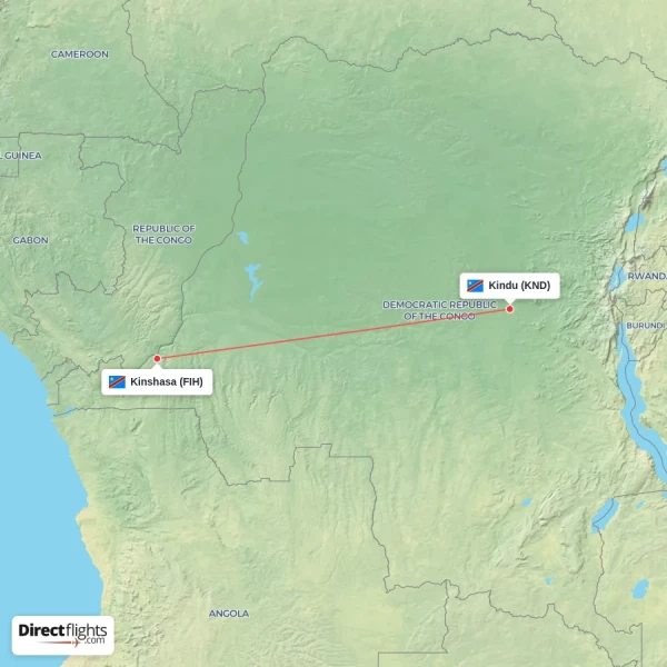 Kindu - Kinshasa direct flight map