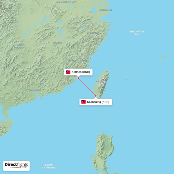 Kinmen - Kaohsiung direct flight map