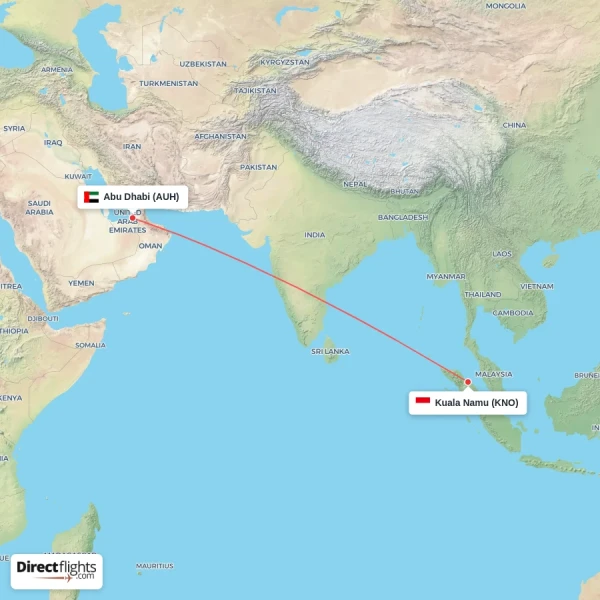 Kuala Namu - Abu Dhabi direct flight map