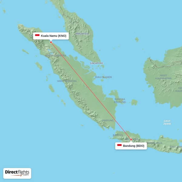 Kuala Namu - Bandung direct flight map