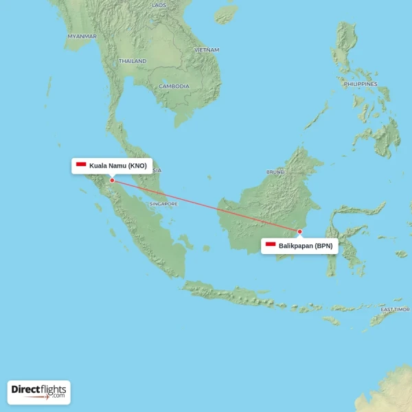 Kuala Namu - Balikpapan direct flight map