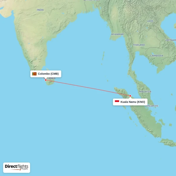 Kuala Namu - Colombo direct flight map