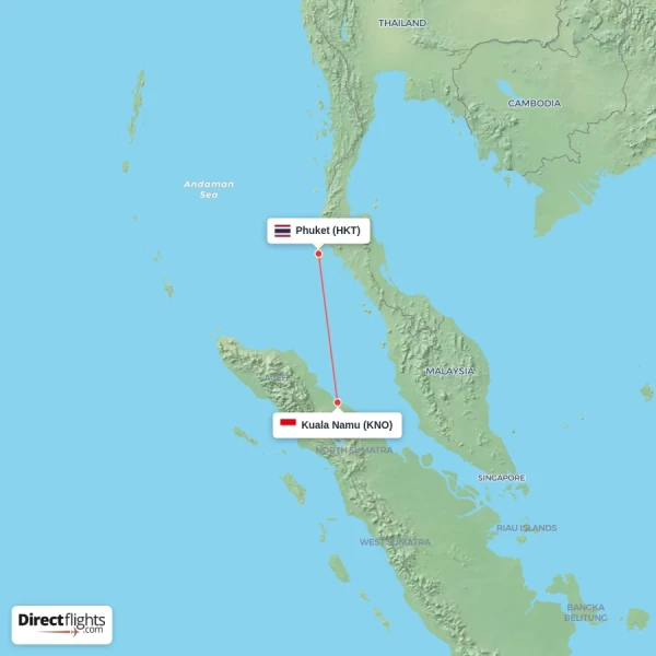 Kuala Namu - Phuket direct flight map