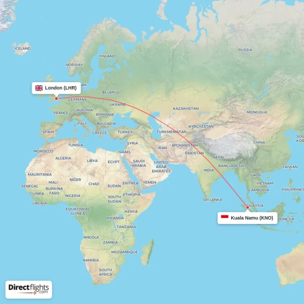 Kuala Namu - London direct flight map