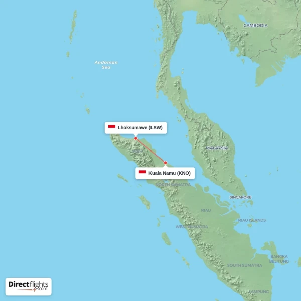 Kuala Namu - Lhoksumawe direct flight map