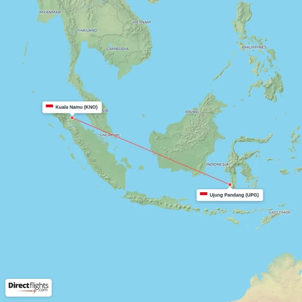 Kuala Namu - Ujung Pandang direct flight map