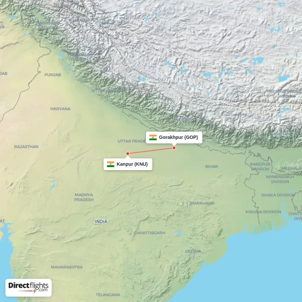 Kanpur - Gorakhpur direct flight map