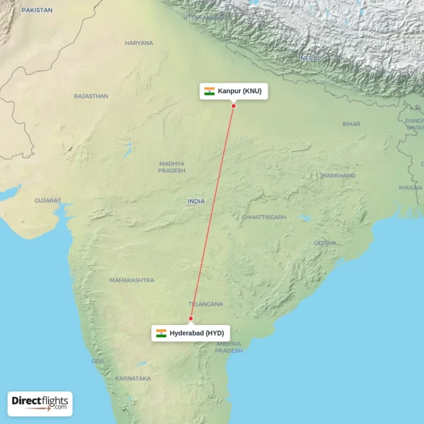 Kanpur - Hyderabad direct flight map