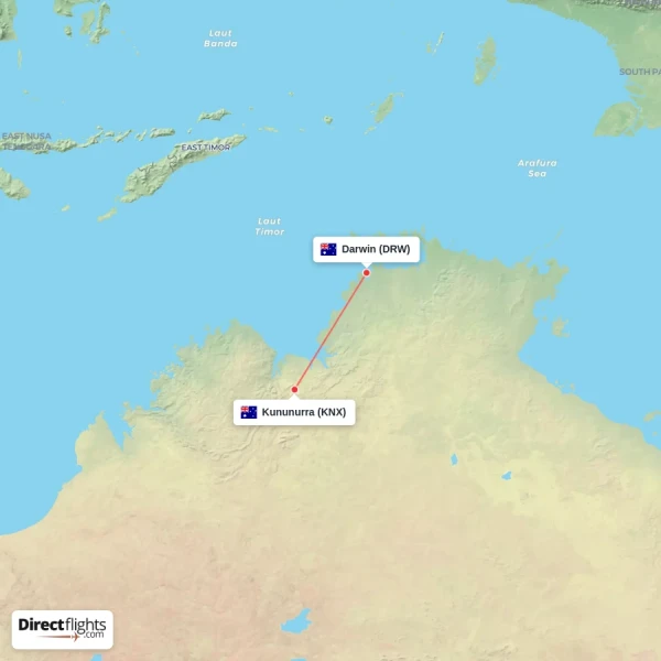 Kununurra - Darwin direct flight map