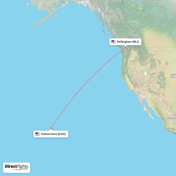 Kailua-Kona - Bellingham direct flight map