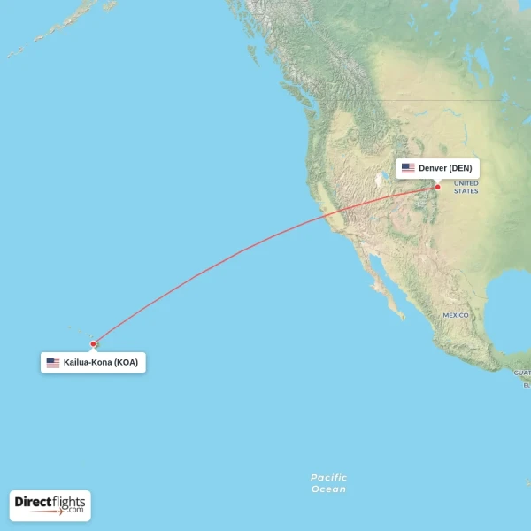 Kailua-Kona - Denver direct flight map