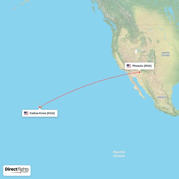 Kailua-Kona - Phoenix direct flight map