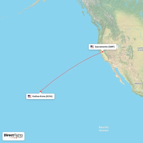 Kailua-Kona - Sacramento direct flight map