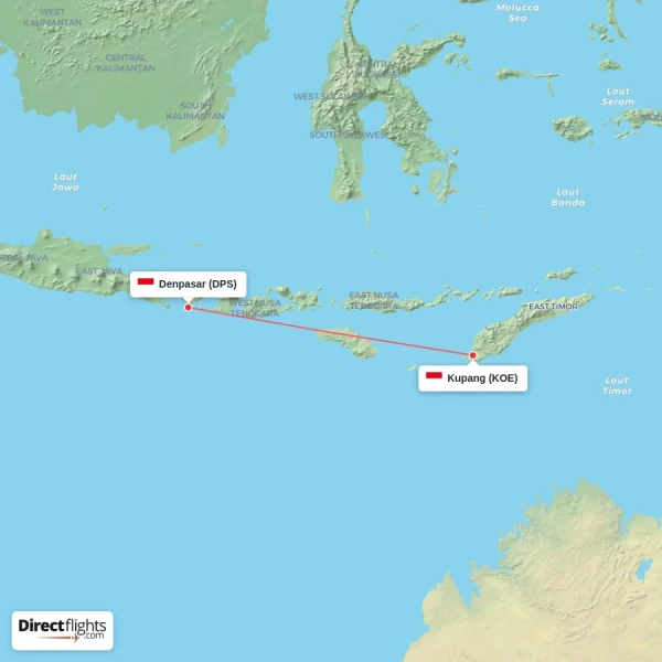 Kupang - Denpasar direct flight map