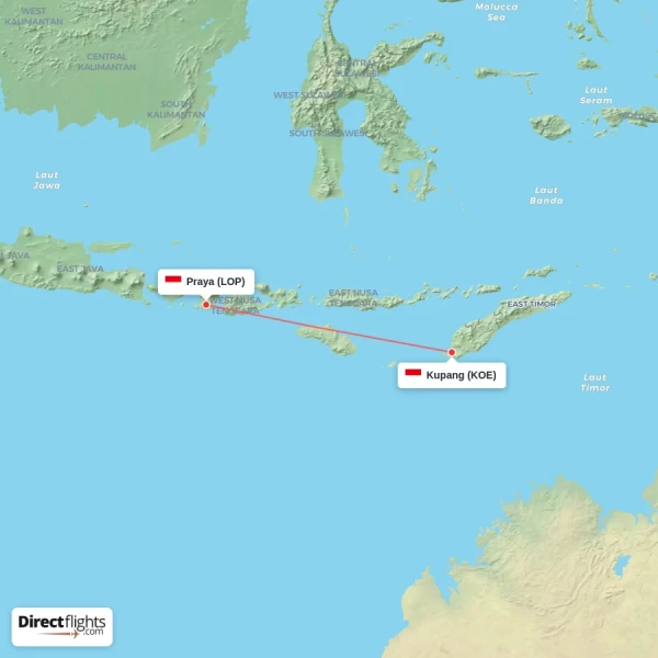 Kupang - Praya direct flight map