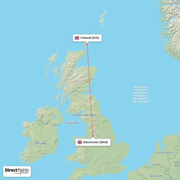 Kirkwall - Manchester direct flight map