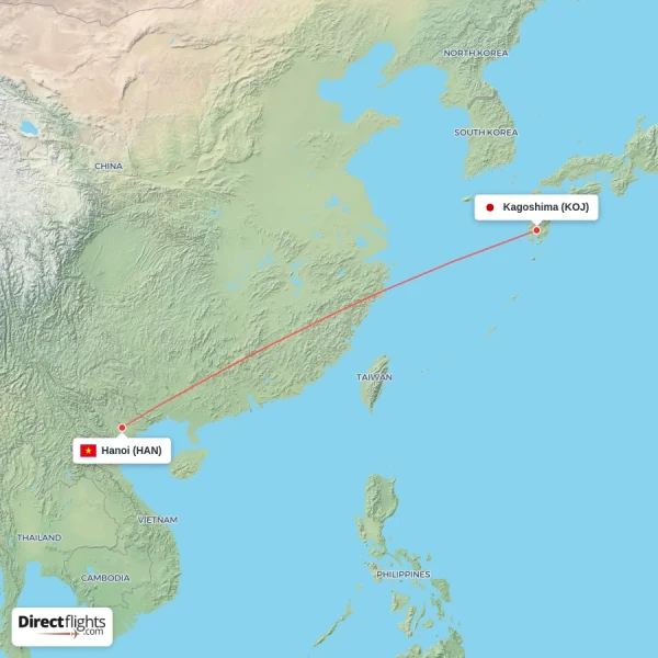 Kagoshima - Hanoi direct flight map