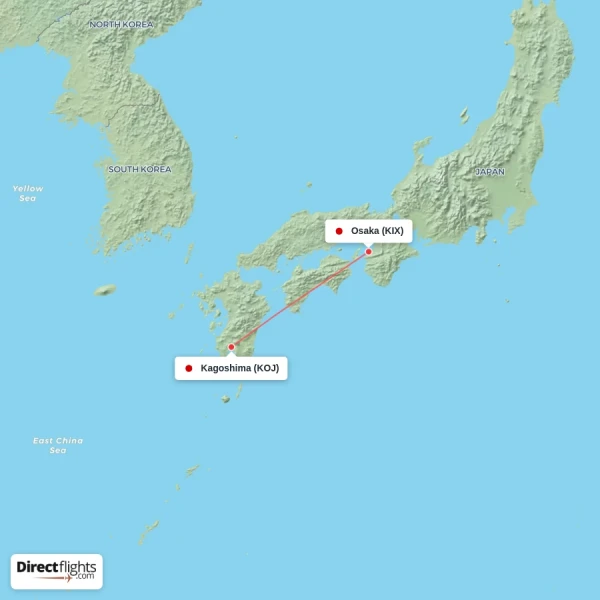 Kagoshima - Osaka direct flight map