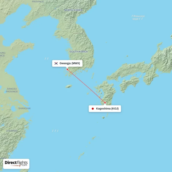 Kagoshima - Gwangju direct flight map