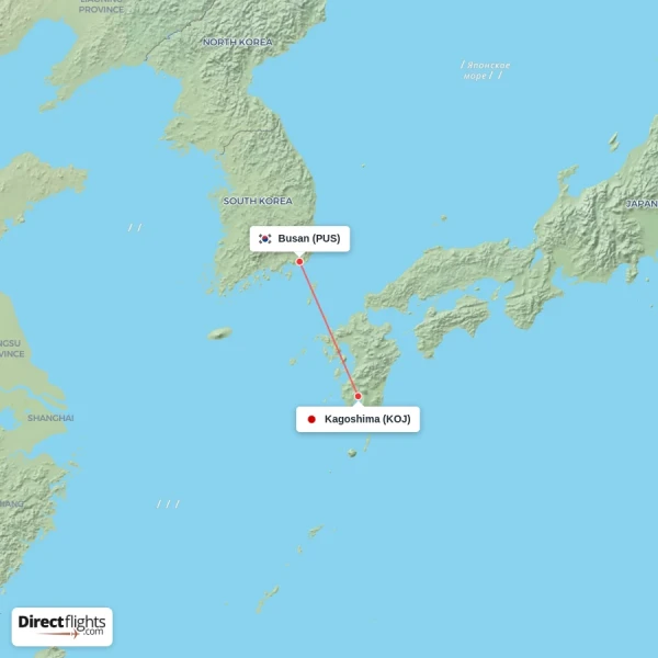 Kagoshima - Busan direct flight map