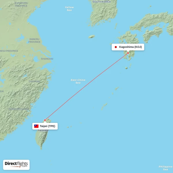 Kagoshima - Taipei direct flight map
