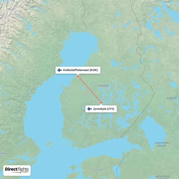 Kokkola/Pietarsaari - Jyvaskyla direct flight map