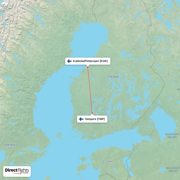 Kokkola/Pietarsaari - Tampere direct flight map