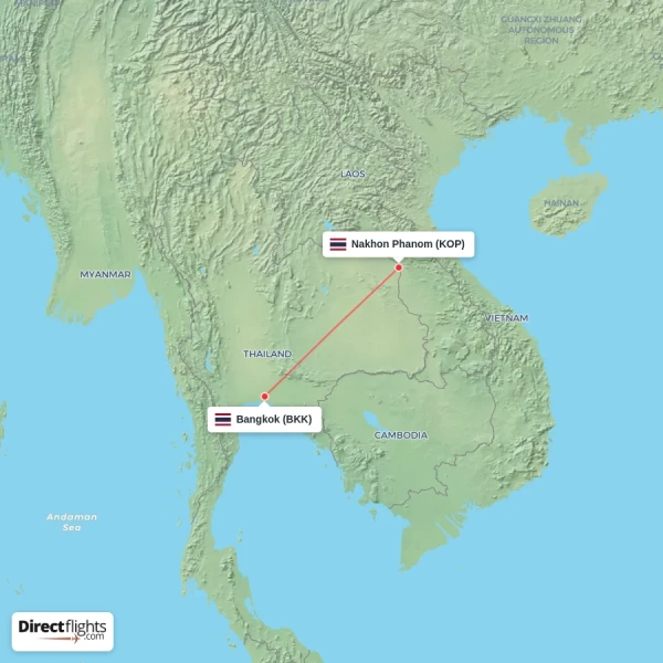 Nakhon Phanom - Bangkok direct flight map