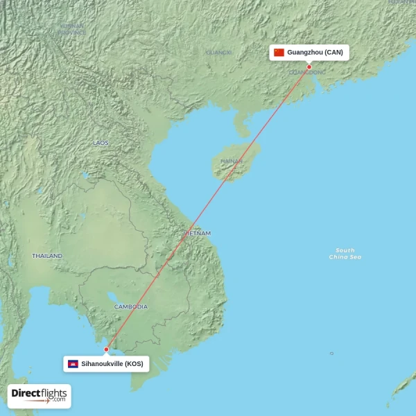 Sihanoukville - Guangzhou direct flight map