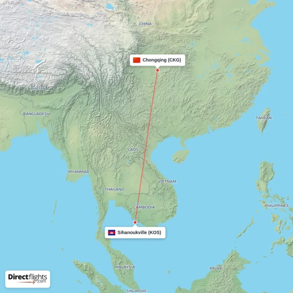 Sihanoukville - Chongqing direct flight map