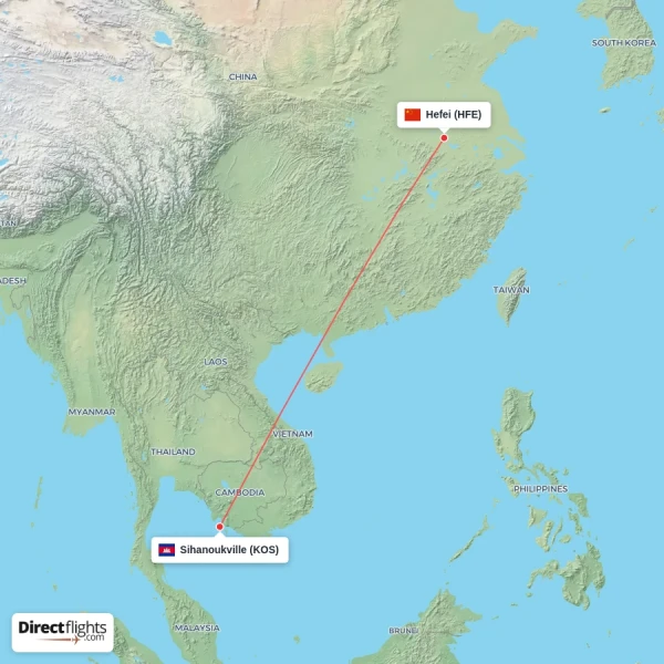 Sihanoukville - Hefei direct flight map