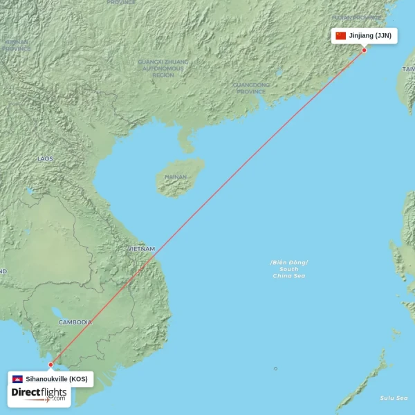 Sihanoukville - Jinjiang direct flight map