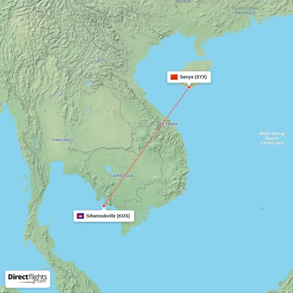Sihanoukville - Sanya direct flight map