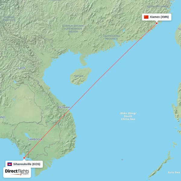 Sihanoukville - Xiamen direct flight map