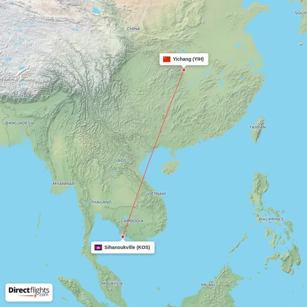 Sihanoukville - Yichang direct flight map
