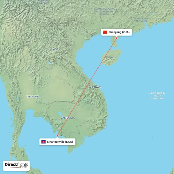 Sihanoukville - Zhanjiang direct flight map