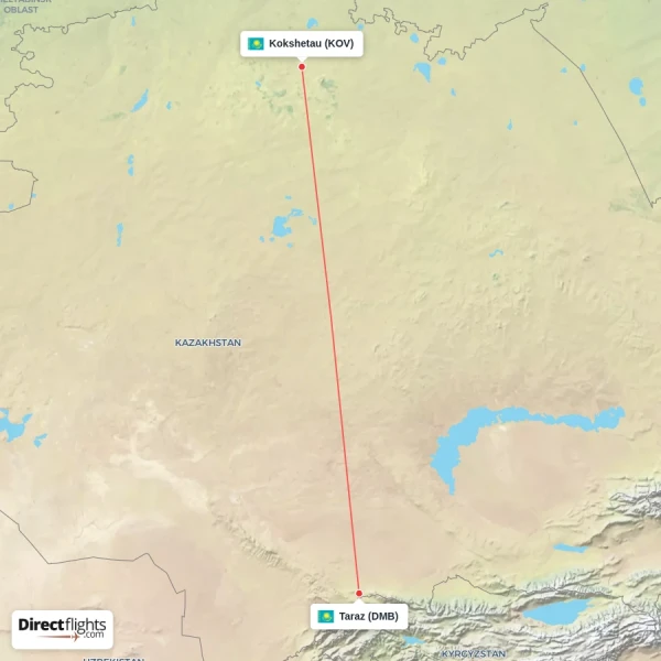 Kokshetau - Taraz direct flight map