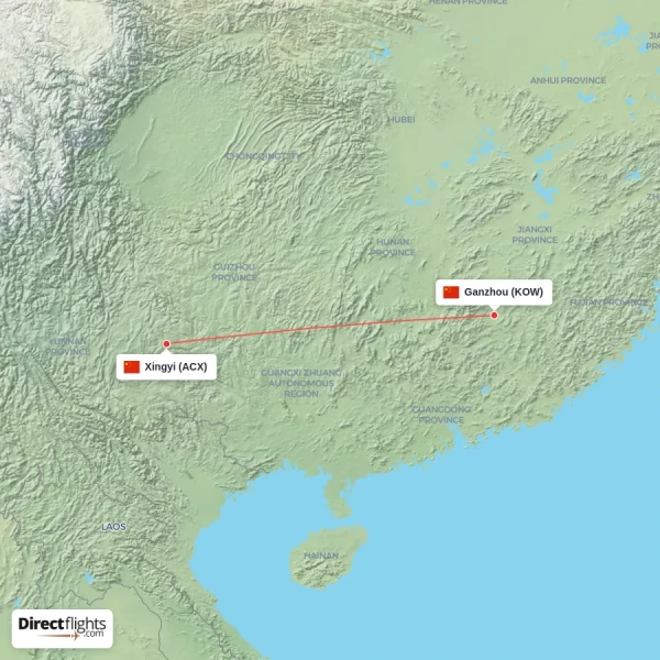 Ganzhou - Xingyi direct flight map