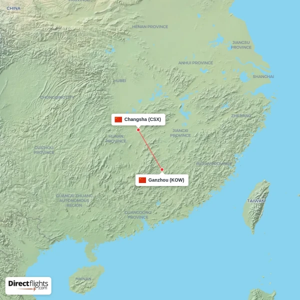 Ganzhou - Changsha direct flight map