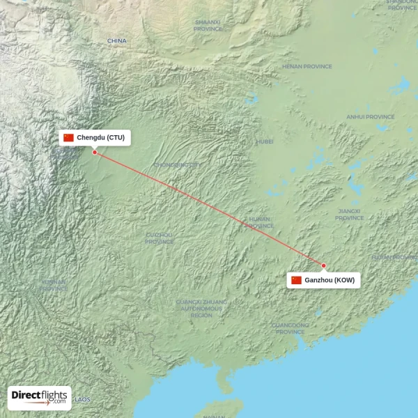 Ganzhou - Chengdu direct flight map