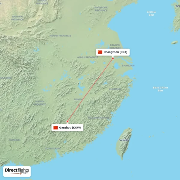 Ganzhou - Changzhou direct flight map