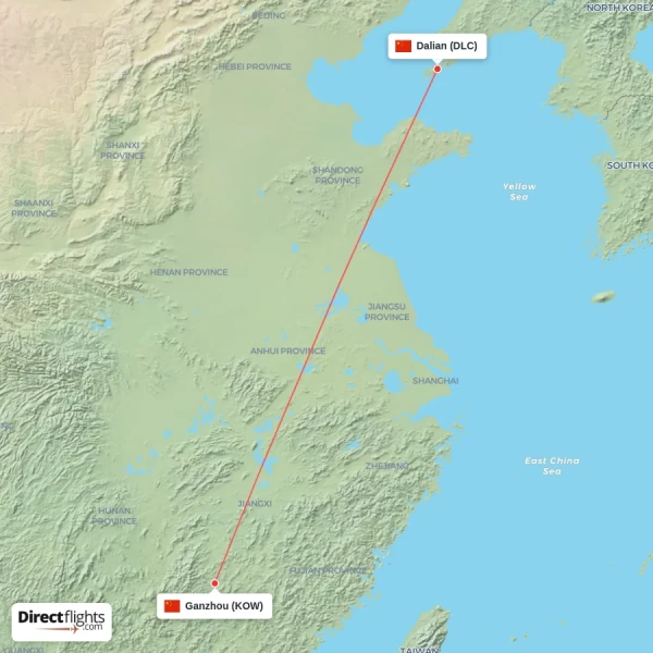 Ganzhou - Dalian direct flight map